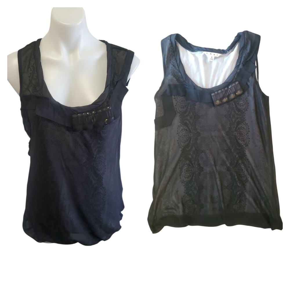 Cabi Black Tank Top S Y2K Mesh Burnout Sheer Layered Ribbon Detail Gothic Glam